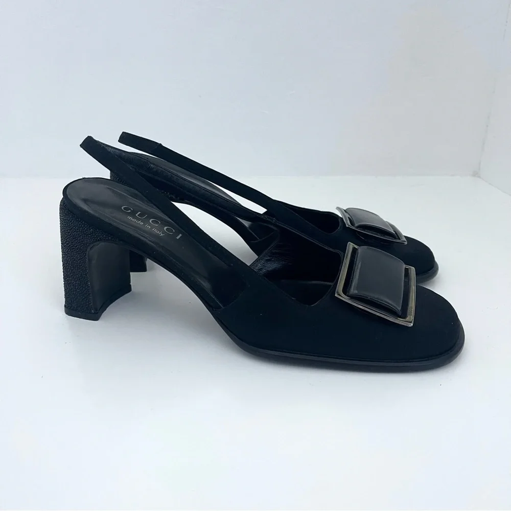 Vintage Gucci Square Buckle Round Toe Sparkly Block Mary Janes Slingbacks Heels - Picture 6 of 10